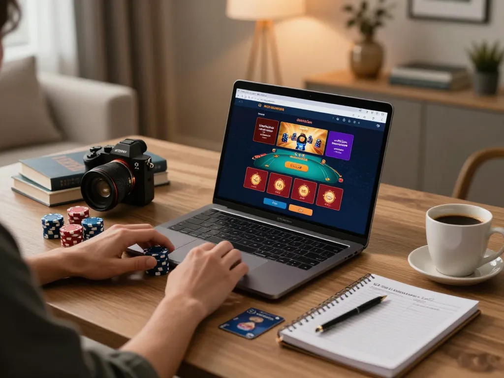 The person engages with the g28 homepage online casino, showcasing poker chips and gaming cards on a laptop amid cozy lighting.