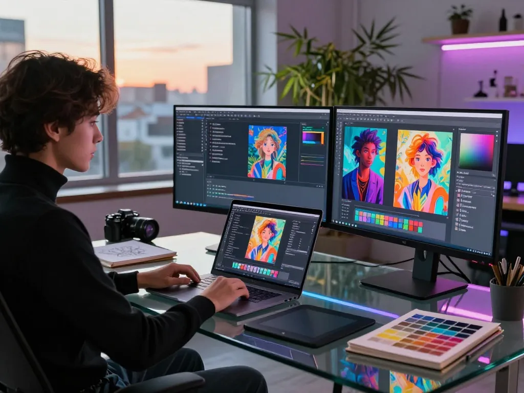 Creative professional generating AI image to prompt in modern studio.