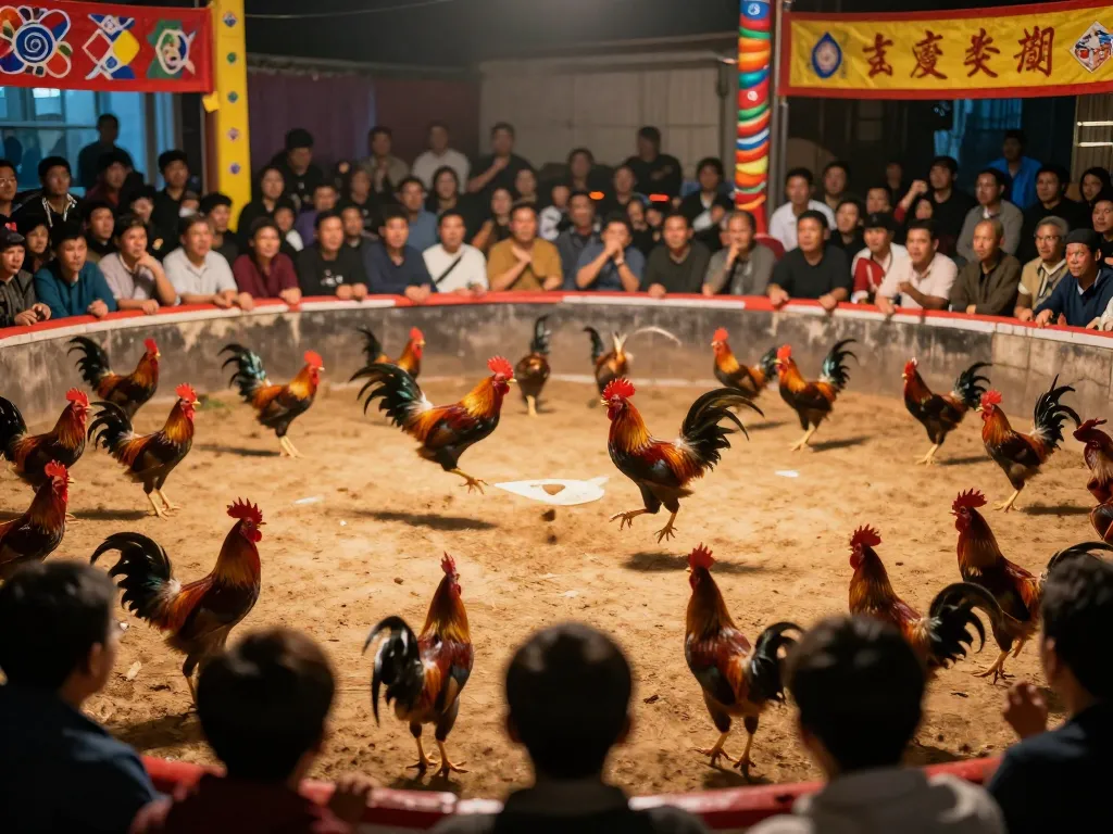 Watch live rooster fights at https://dagatructiep.co.uk/ as birds clash in an intense duel under bright arena lights.