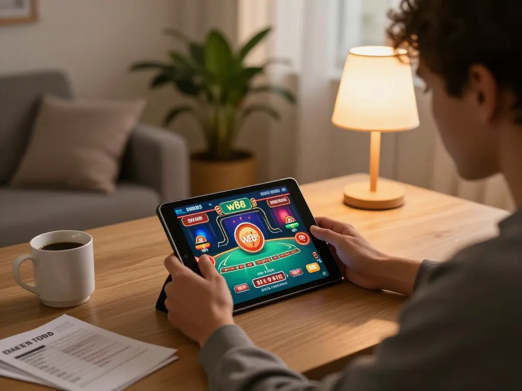 Engaging in online gambling at w88, showcasing vibrant graphics and a cozy home setup.