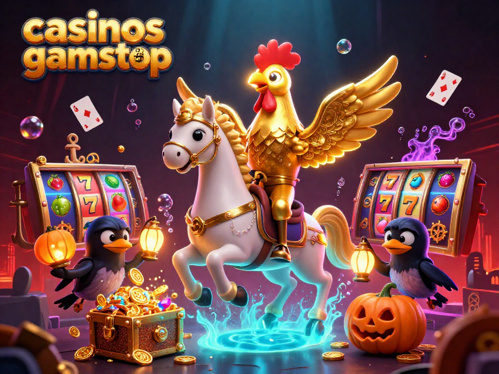 Engage with the thrill at casinos not on gamstop, witnessing a golden rooster and companions in a vibrant casino setting.