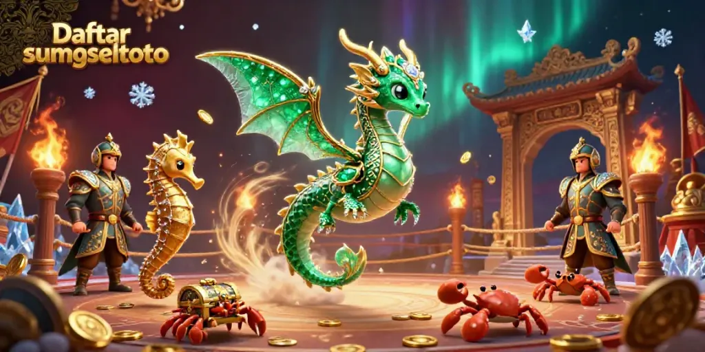 Engage in thrilling casino adventures with "Daftar sumseltoto" showcasing an emerald sea dragon and treasure.