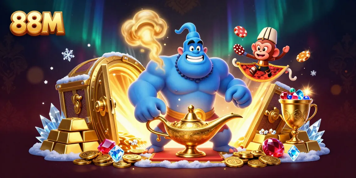 Experience excitement with 88M as a genie unlocks treasures amidst a vibrant casino scene.