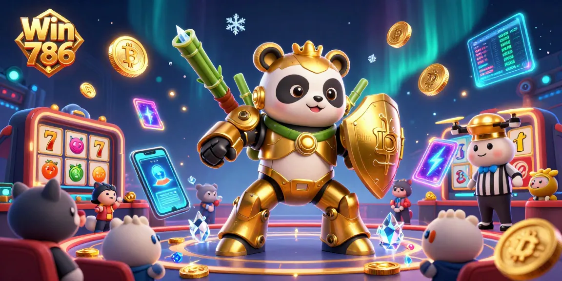 Win 786 delivers thrilling casino action, showcasing a mech-suit panda in an arena surrounded by crypto coins and dazzling game elements.