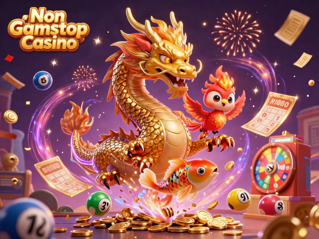 Engage with Non Gamstop Casino’s vibrant world featuring a golden dragon, red phoenix, and playful koi fish.