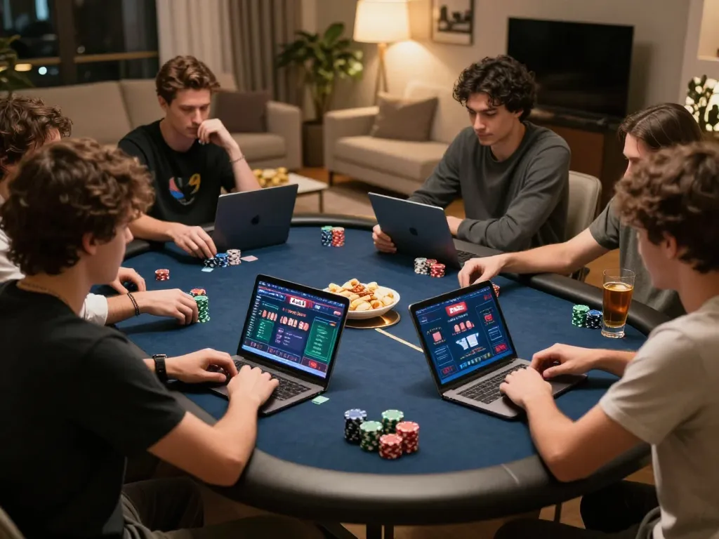 Players enjoying 7m1 poker game at home with modern gaming setup