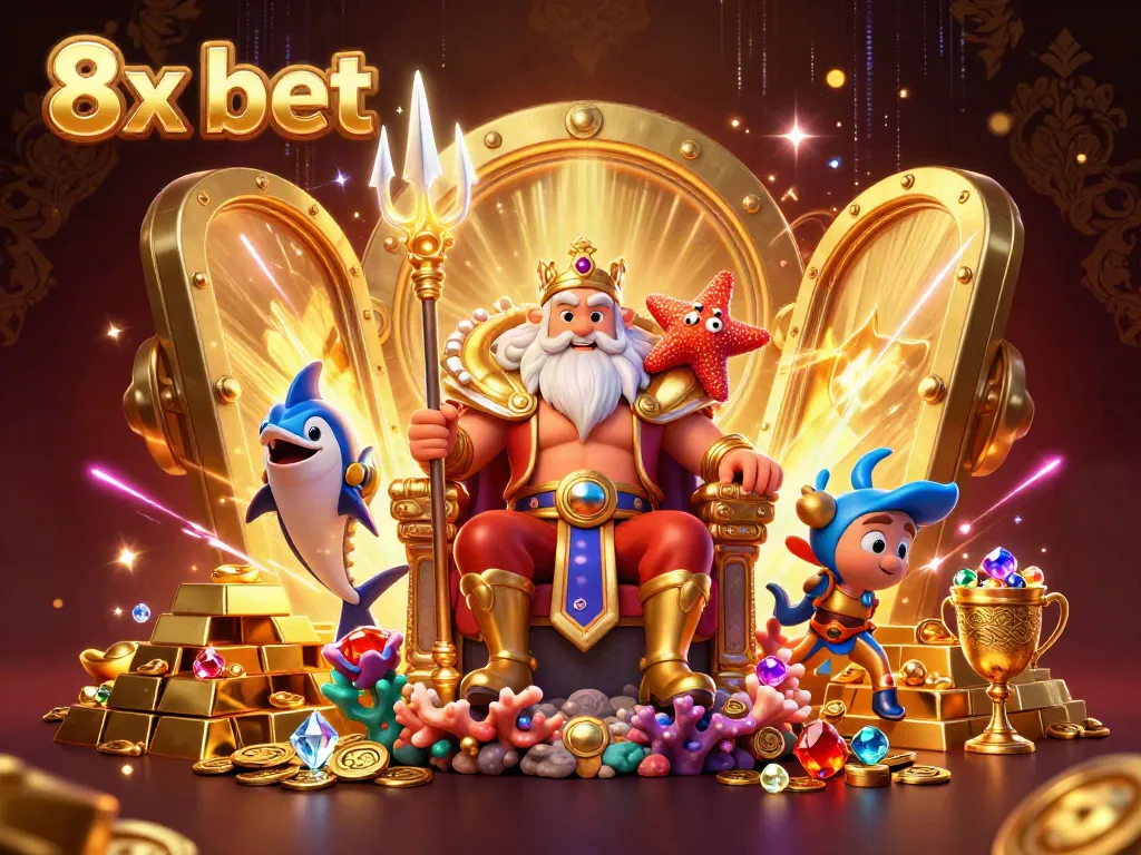 Experience thrilling action with 8x bet in a vibrant casino illustration featuring Neptune and treasures.