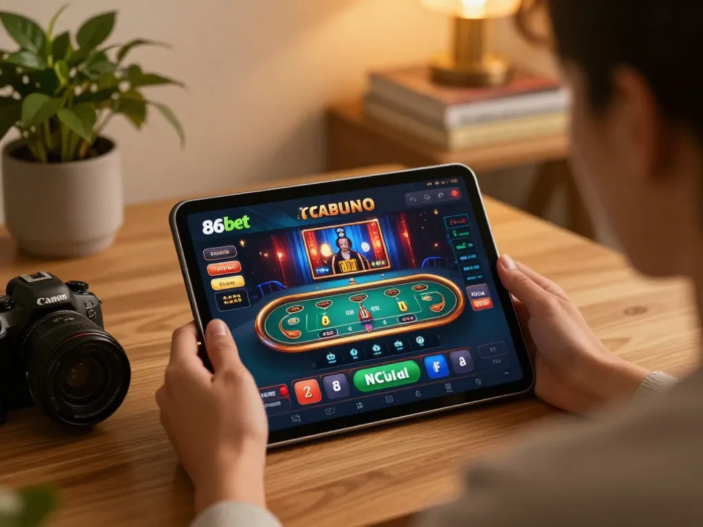 Engaged player enjoying 86bet online casino app on a cozy tablet setup, warm home environment.