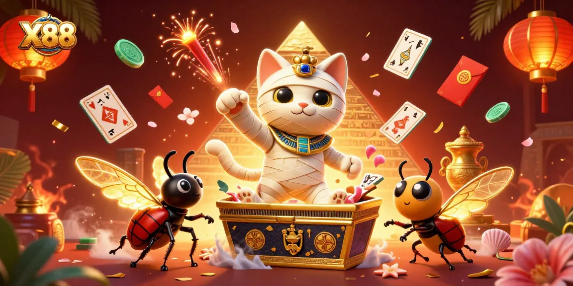 X88 casino adventure unfolds as a mummy cat and scarab beetle celebrate wins in a shimmering pyramid.
