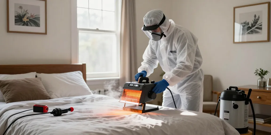 Professional conducting bed bug heat treatment in a cozy bedroom emphasizing effectiveness and safety measures.