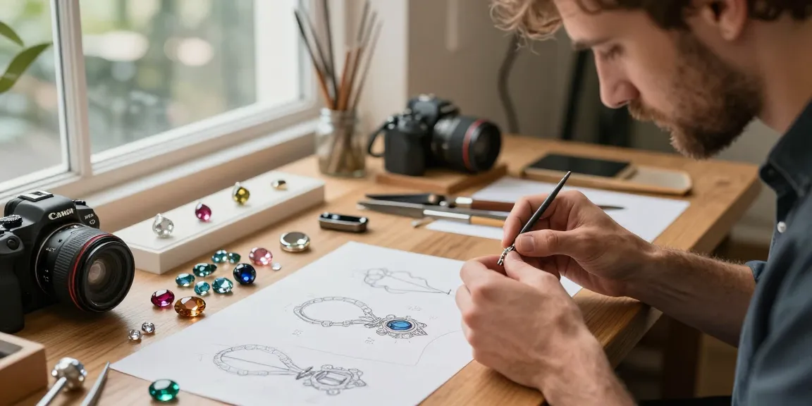 Custom jewellery design UK artisan working on bespoke piece with gemstones and tools.