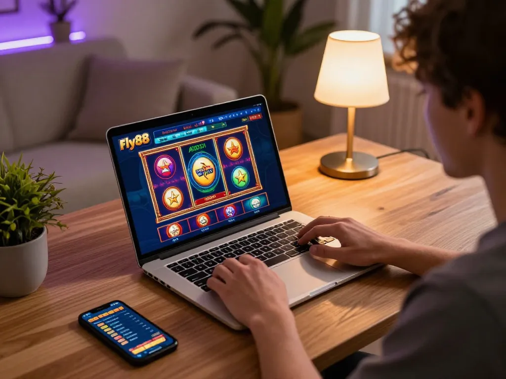 Player engaging in slots at fly88 online casino surrounded by a cozy home setting