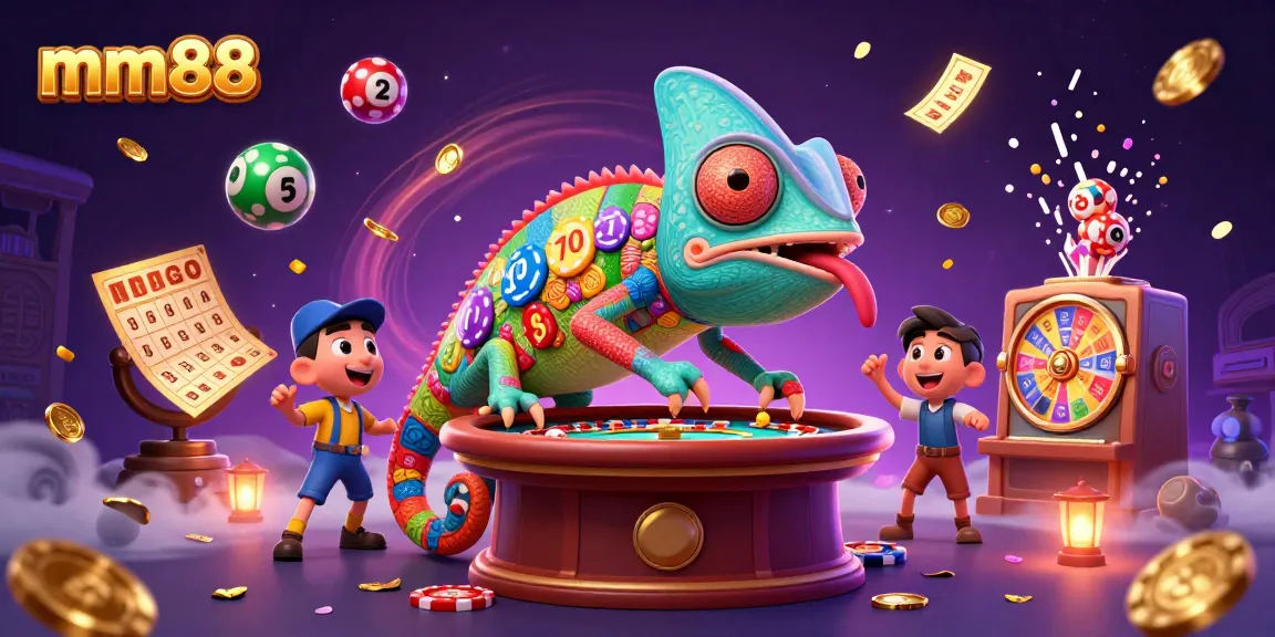 Experience mm88's vibrant casino atmosphere with a colorful chameleon owner and festive gaming elements.