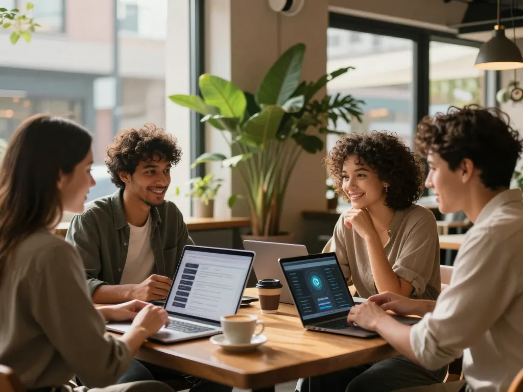 Engaging group discussing sex ai in a modern café environment.