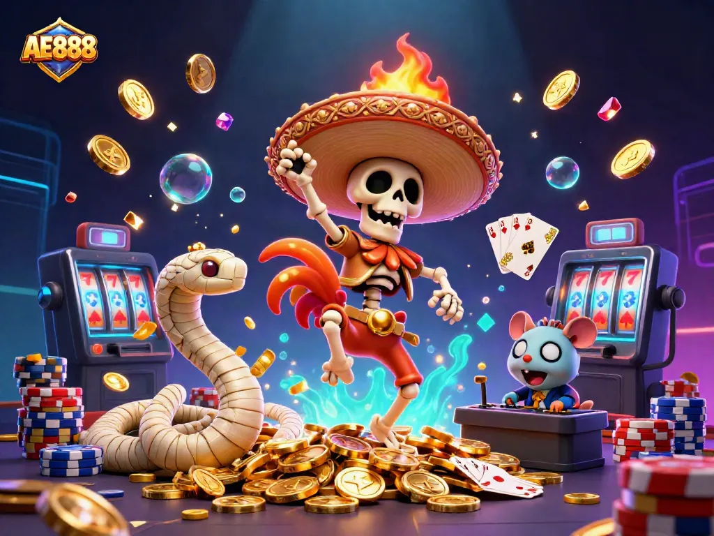 Engage with the AE888 casino experience as a vibrant 3D caricature scene comes alive with gaming excitement and characters!