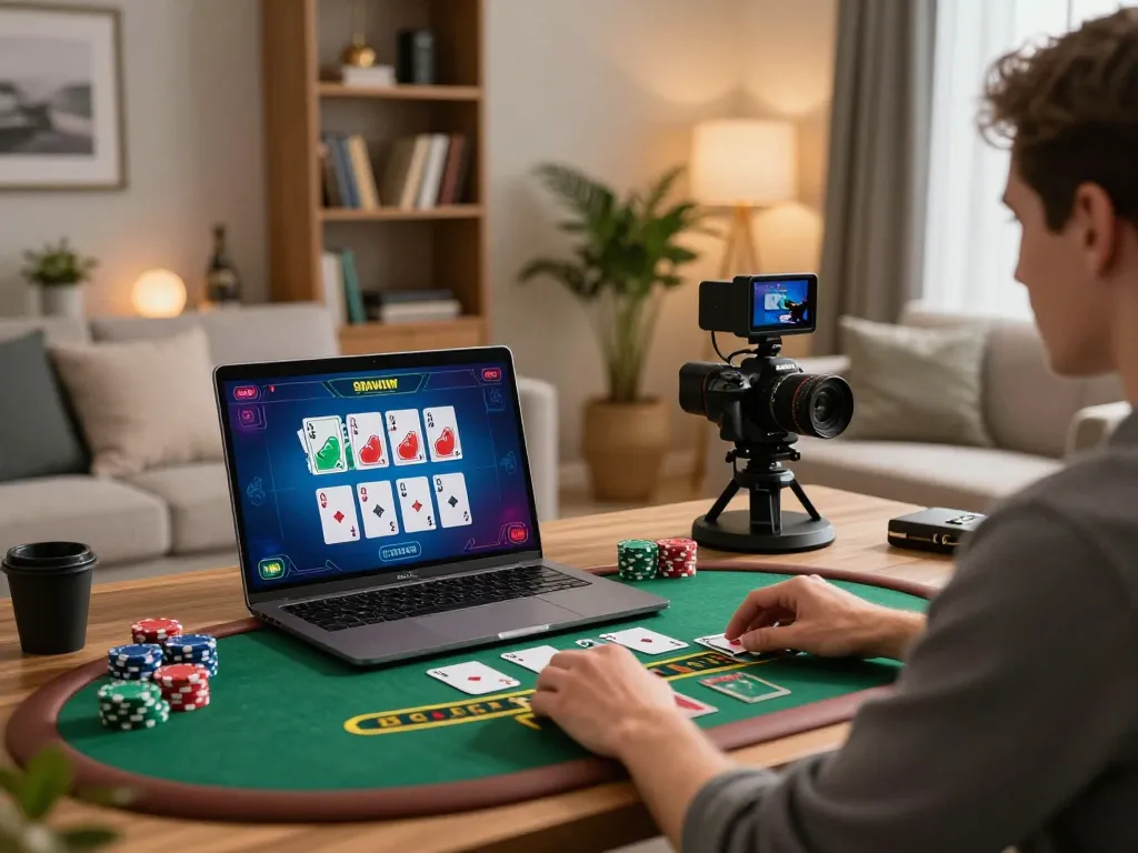 Engaged player at home using go8 for live dealer blackjack in a stylish workspace.