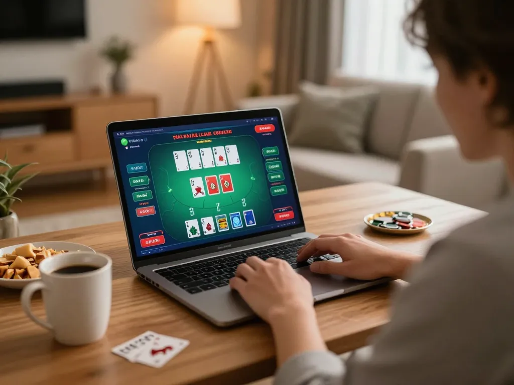 Person playing blackjack at home using a laptop while visiting https://vmax88vip.com/ for online gaming.