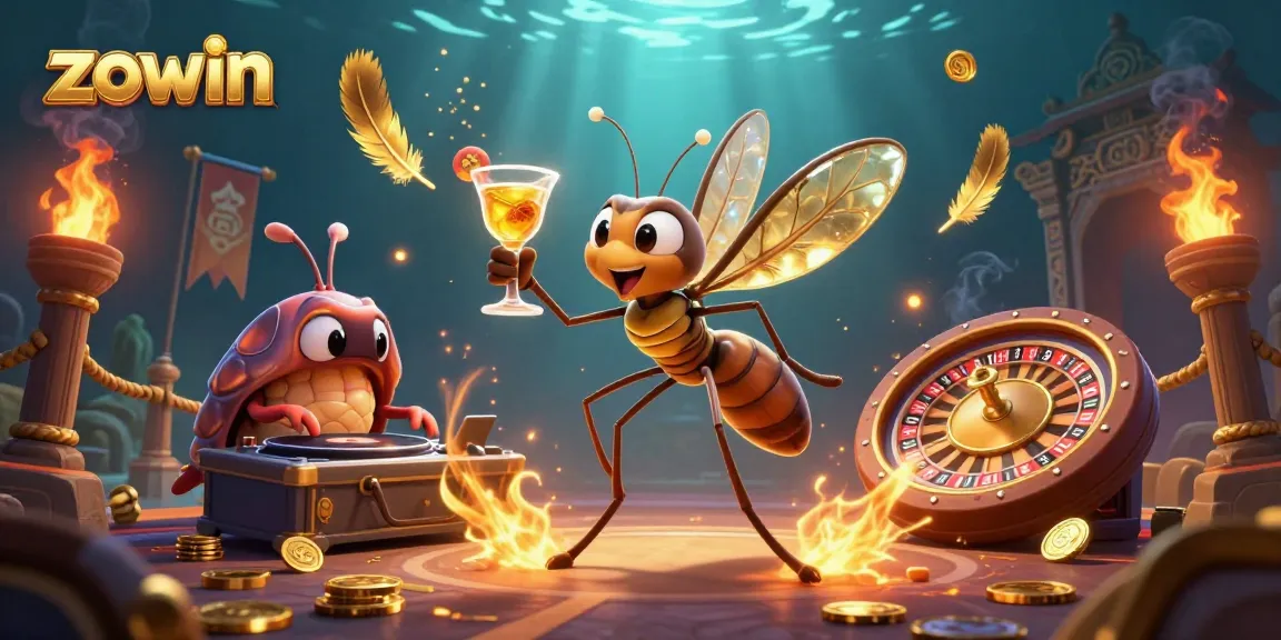 Zowin casino illustration featuring a mascot mosquito, trilobite DJ, and roulette wheel with vibrant elements.