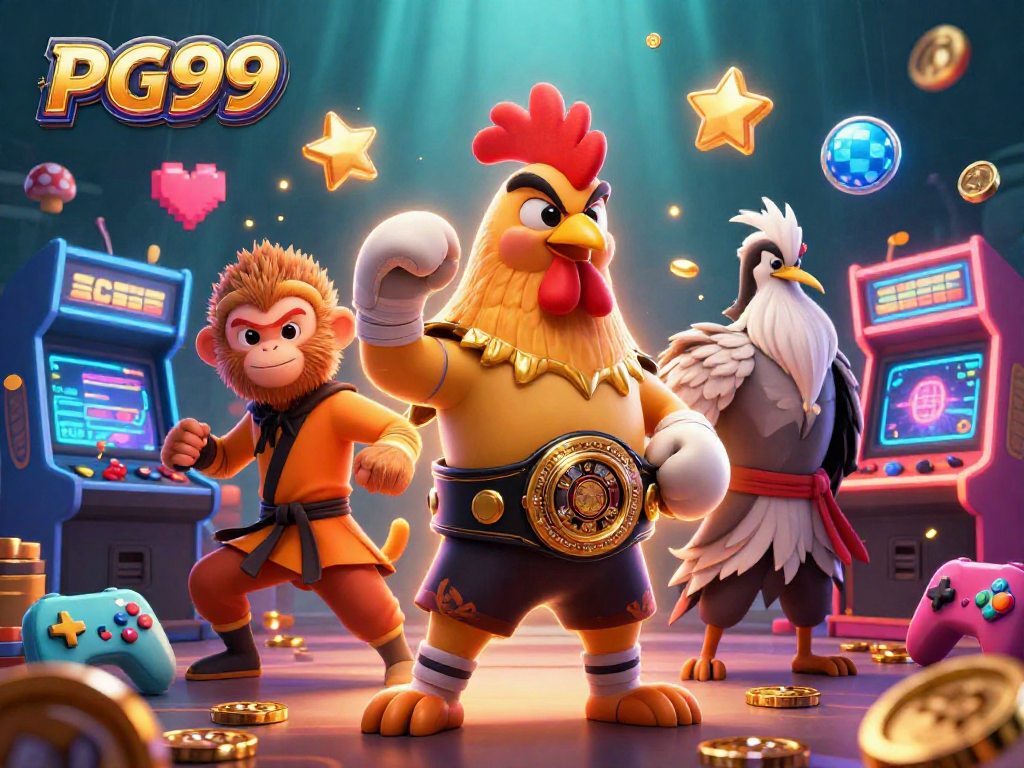 Experience gaming excitement at PG99 with a vibrant illustration of characters and casino elements!