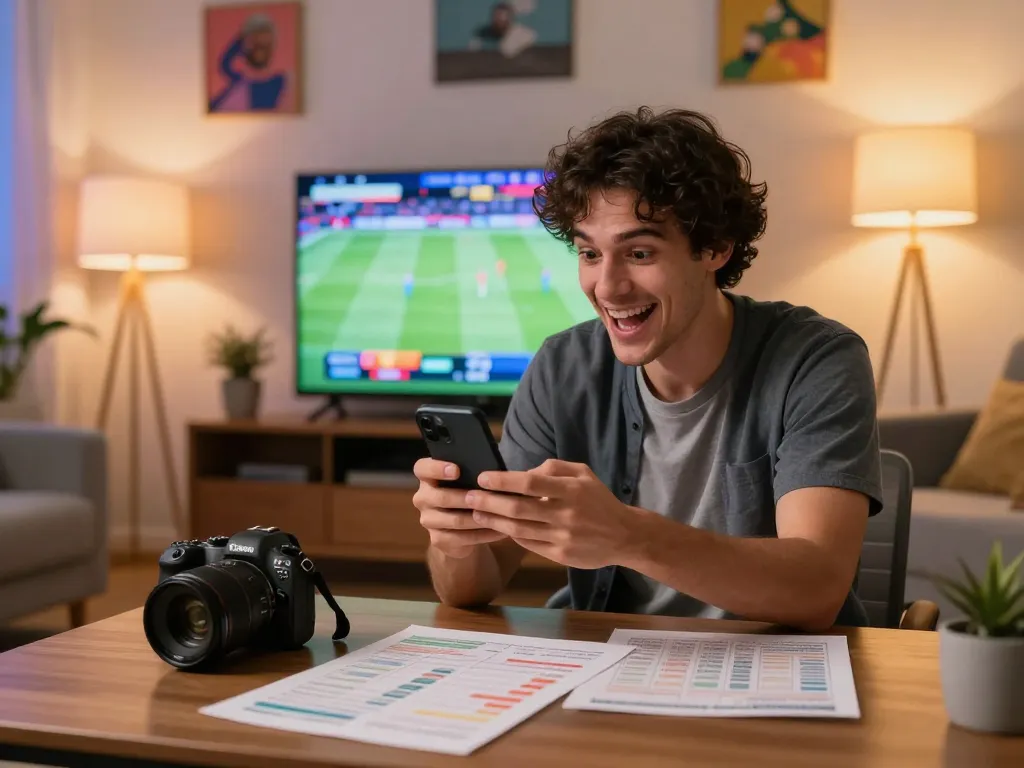 BONG88 user engaging in online sports betting while watching a live game, showcasing the thrill of strategic wagering.