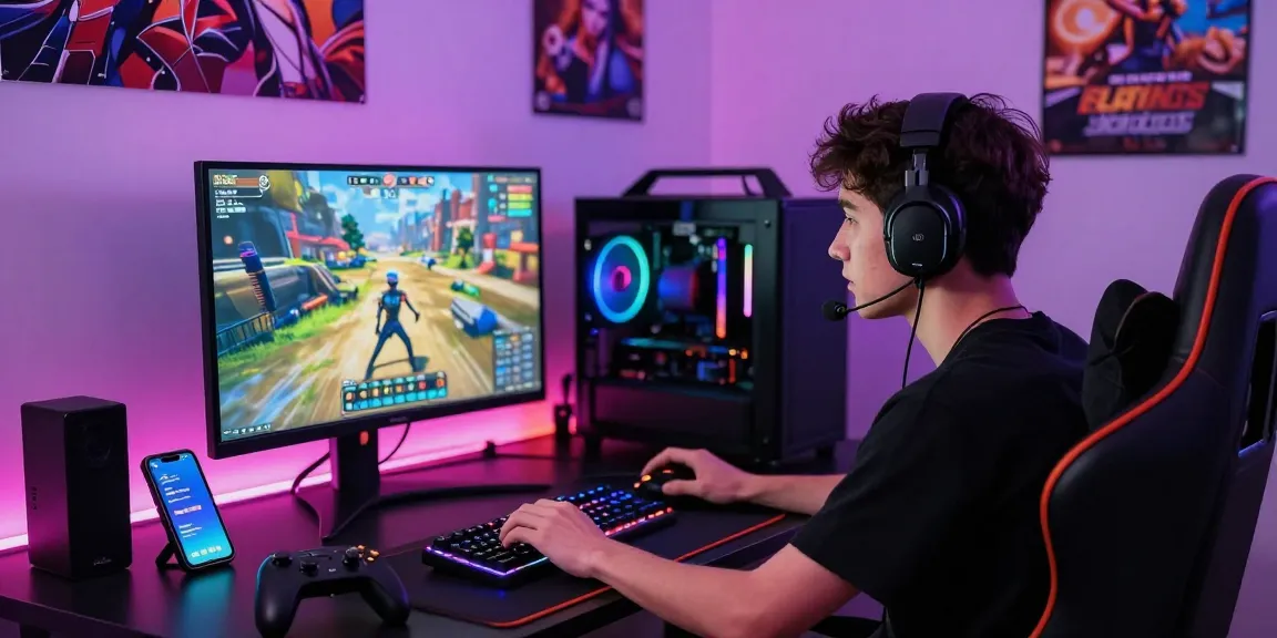 Engaged gamer playing a hentai game on high-resolution monitor with vibrant LED lighting.