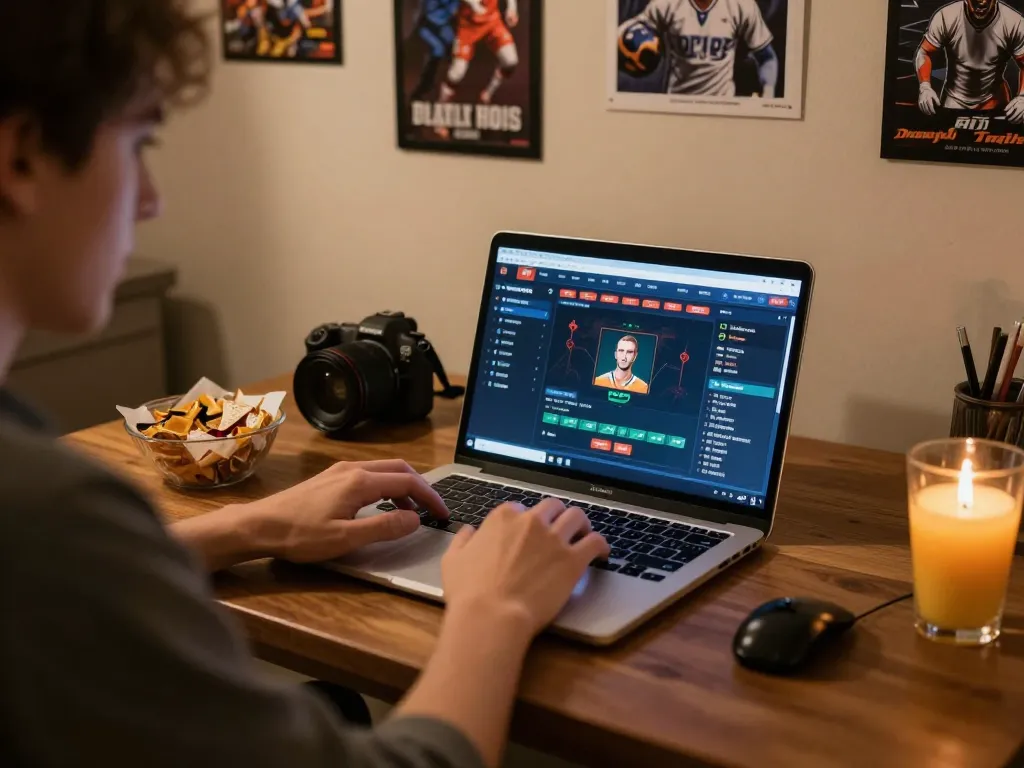 Engaged user exploring 8XBET sports betting options on a laptop in a cozy home setting.