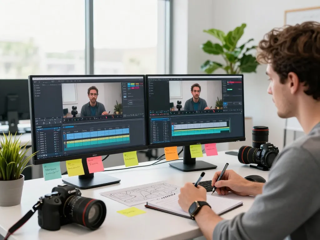 Highly detailed workspace for video to prompt analysis with creator, monitors, and equipment.
