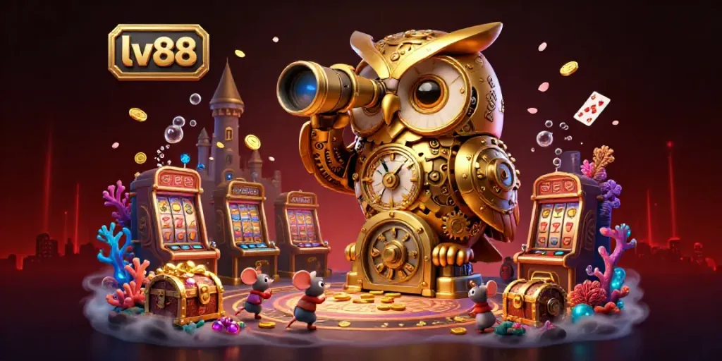 Engage with the vibrant atmosphere of lv88, showcasing a golden owl in a dynamic casino scene with slots and treasures.