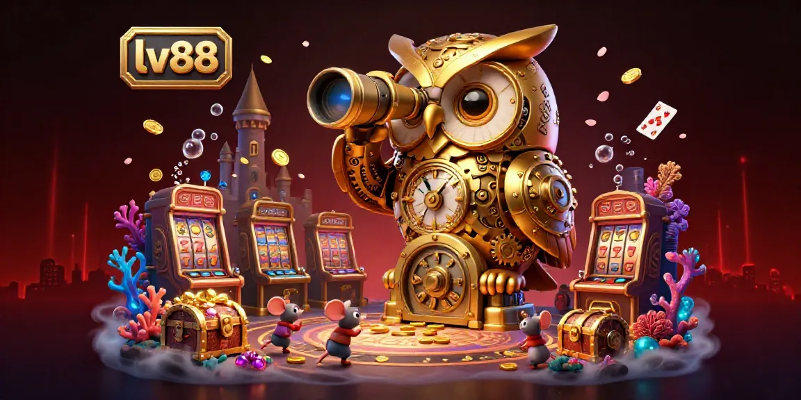 Engage with the vibrant atmosphere of lv88, showcasing a golden owl in a dynamic casino scene with slots and treasures.
