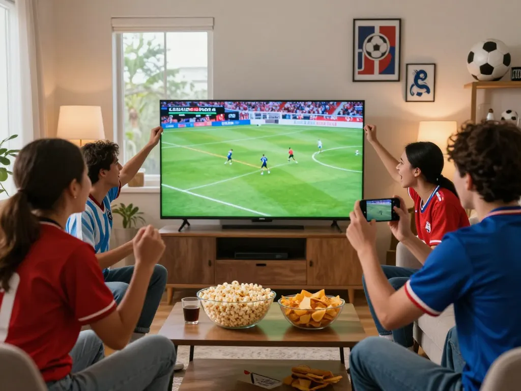 Friends watching Cakhiatv football match together in cozy living room with snacks and jerseys.