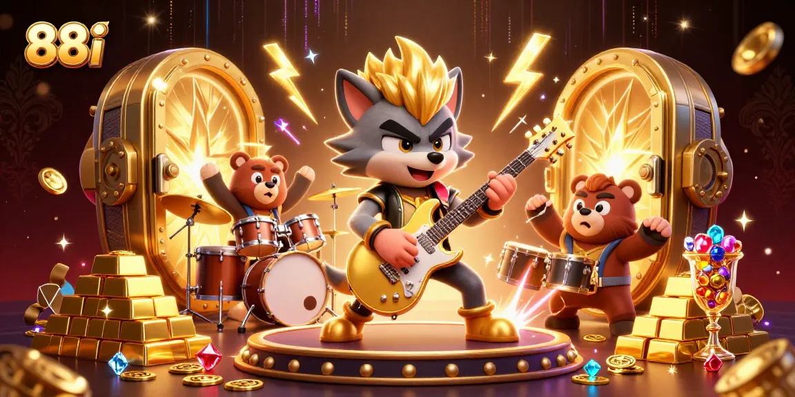 88i features an exciting casino scene with a rock star wolf and vibrant treasures.