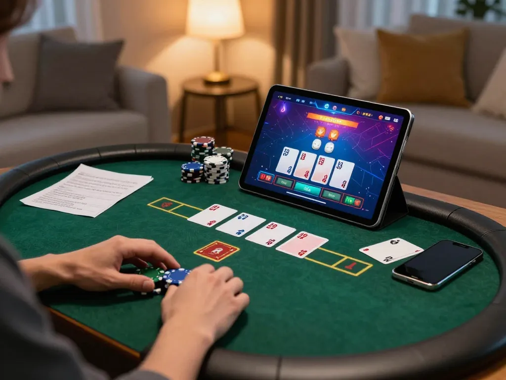 Kuwin player engaging in strategic online poker with tablet and notes in cozy home setting.