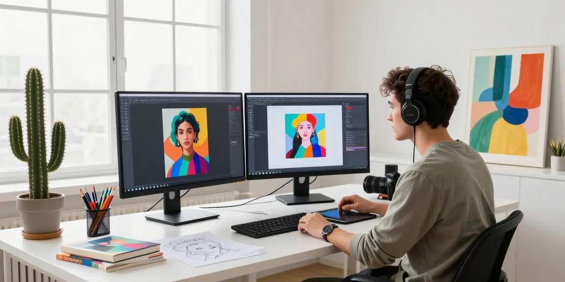 AI artist generating prompts from images using an innovative image to prompt tool in a bright studio.