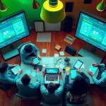 Team developing app focused on gaming strategies in a modern office.