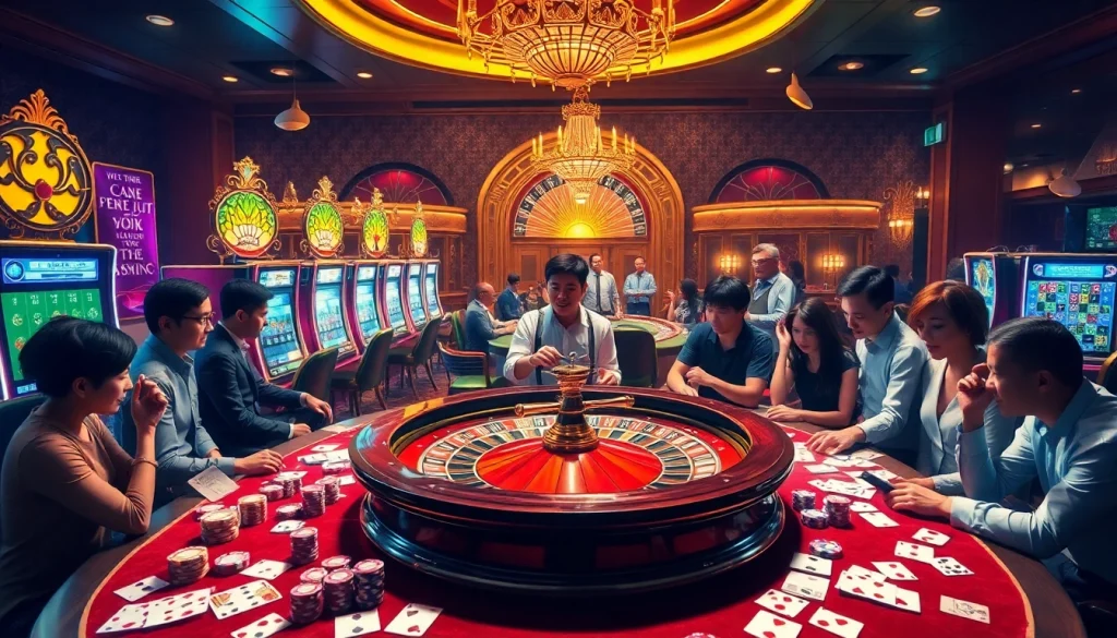 Engaging gamblers at luxurious LC88M COM casino with vibrant slot machines and poker tables.