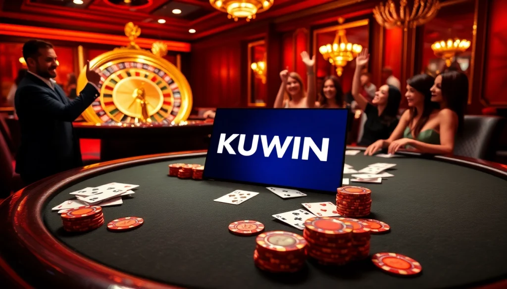 KUWIN poker game with players enjoying a thrilling casino experience, vibrant colors, and luxurious atmosphere.