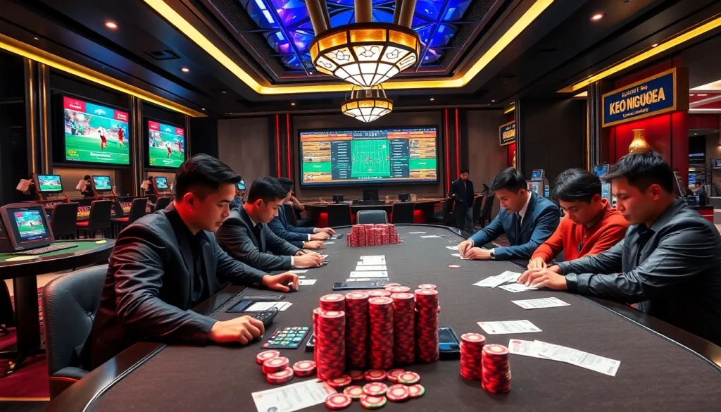 Kèo Bóng Đá betting excitement with gamblers placing wagers in a luxurious casino setting.