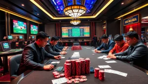 Kèo Bóng Đá betting excitement with gamblers placing wagers in a luxurious casino setting.