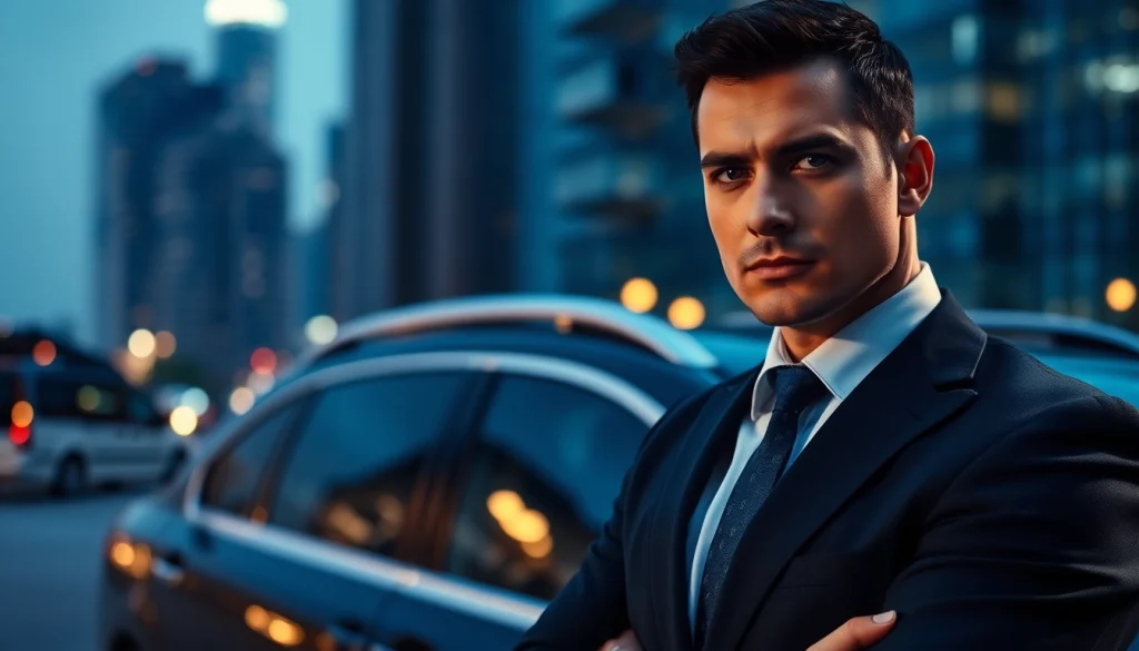 Bodyguard service professional standing near luxury vehicle in urban setting.