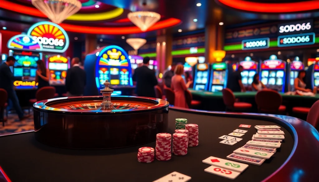 SODO66 logo amidst vibrant casino scene with roulette wheel and poker chips, representing luxury gambling.