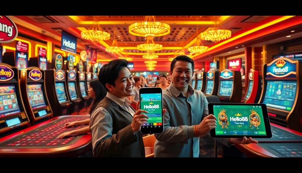 Hello88win.live offers an exciting online gambling experience, showcasing players enjoying vibrant casino games and sports betting.