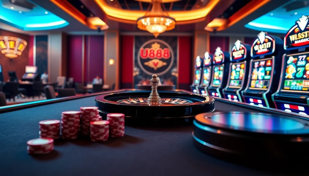 Experience the thrill of u888 com with a stunning casino visualization showcasing poker chips and a roulette wheel.