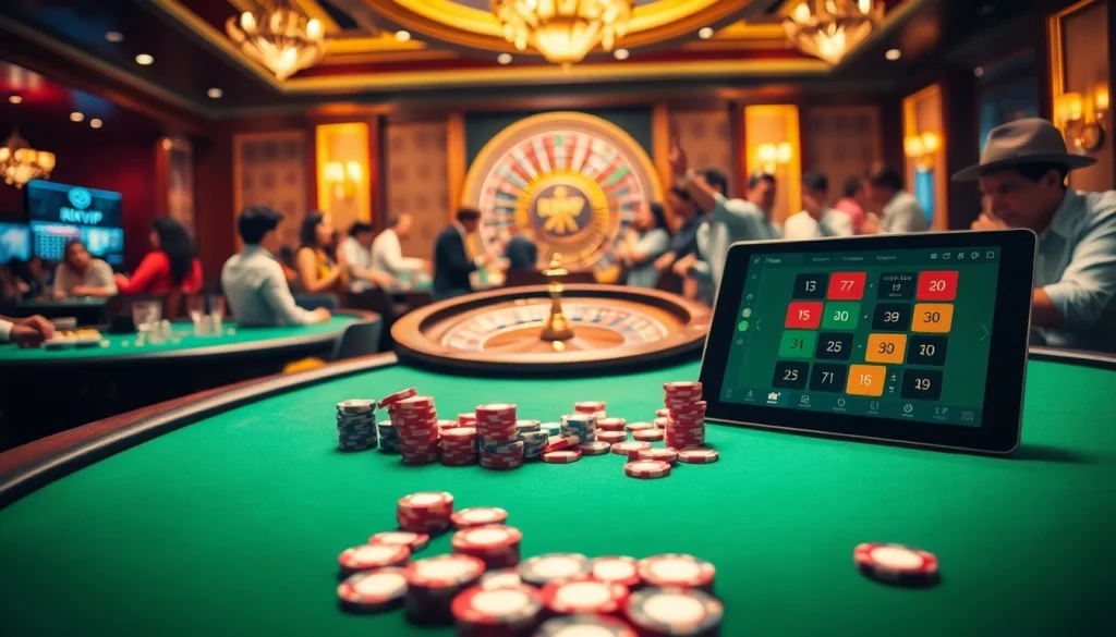 Players celebrating at a vibrant casino using the rikvip platform with poker chips on a green table.