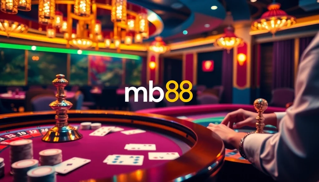Experience the thrill of mb 88 at a luxury casino with poker chips and a roulette wheel.