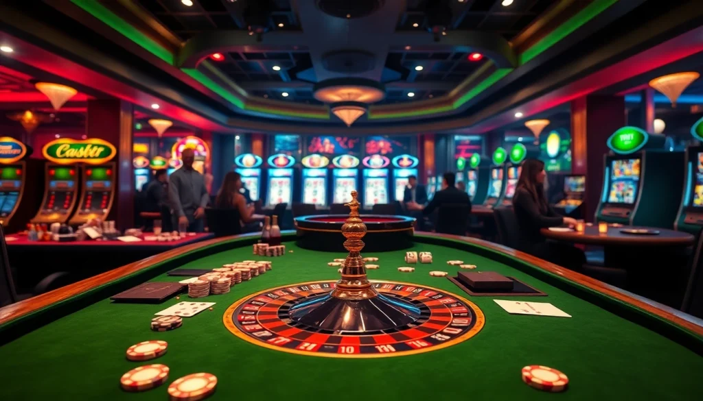 Intense gambling scene at https://nk88net.com/ with poker chips, cards, and roulette wheel under ambient lighting.