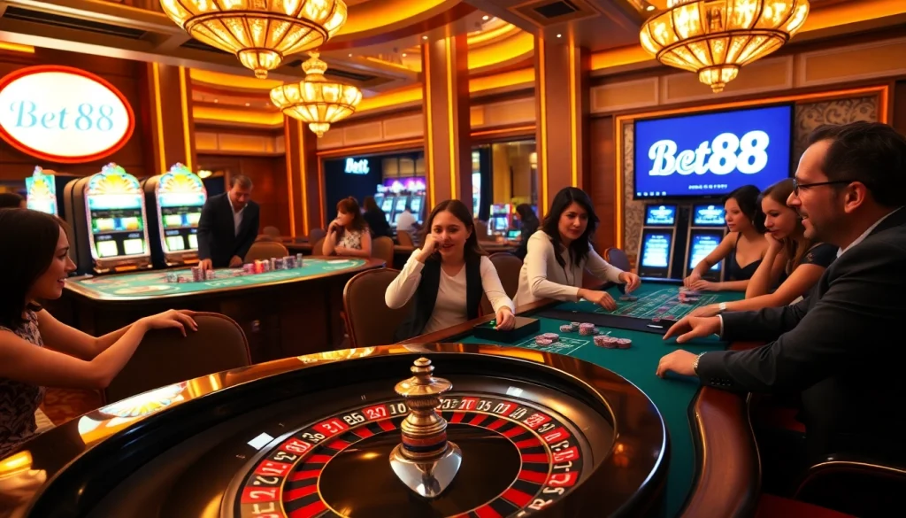 Bet88 players enjoy a thrilling casino experience with poker tables and a roulette wheel.