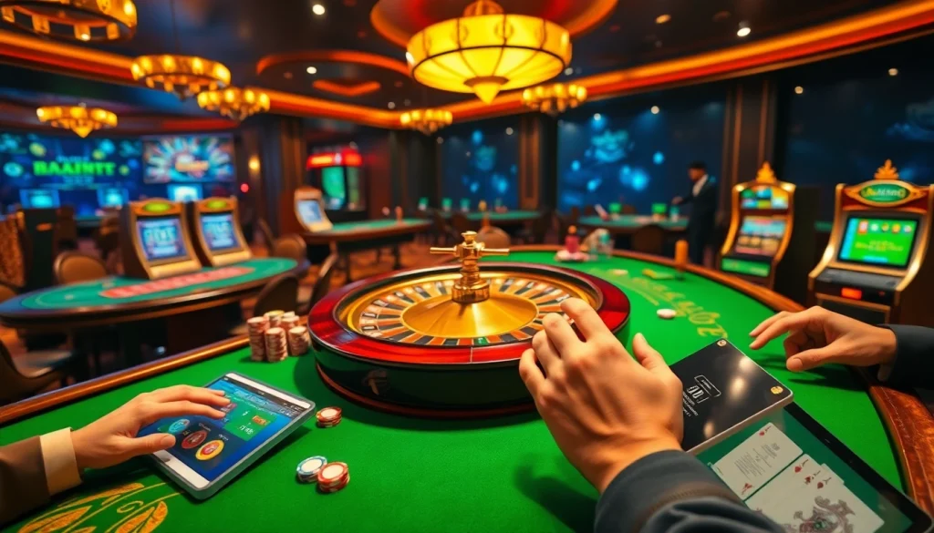 Engaging scene at https://uu88games.com/ featuring poker tables, roulette, and vibrant casino atmosphere.