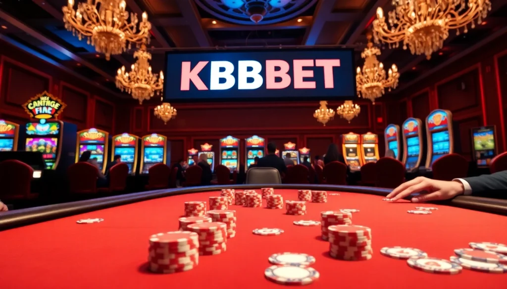 Betting excitement at KBBET poker tables surrounded by glamorous casino atmosphere.