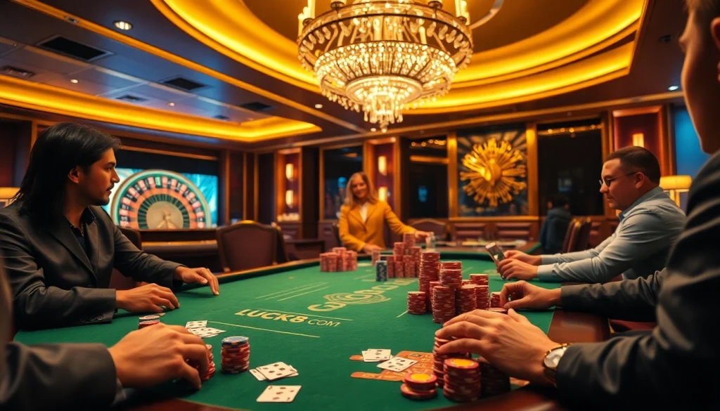 Exciting poker game scene at a luxury casino showcasing LUCK8 COM, with vivid poker chips and cards.