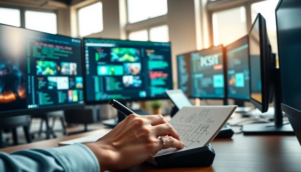 Engaging workspace of a website development agency with collaboration and creativity.